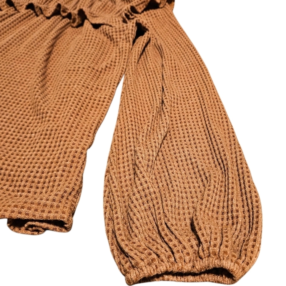 Hailey & Co Wmns M Waffle Knit Blouse Tan Boho Peasant Ruffle Bishop Sleeve USA - Picture 6 of 12
